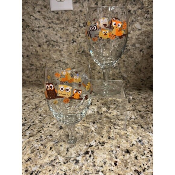 Vintage Libbey Hoot Owl And Friends Glass Goblet From 1980s 7.25'' Set Of 2 - Picture 3 of 3